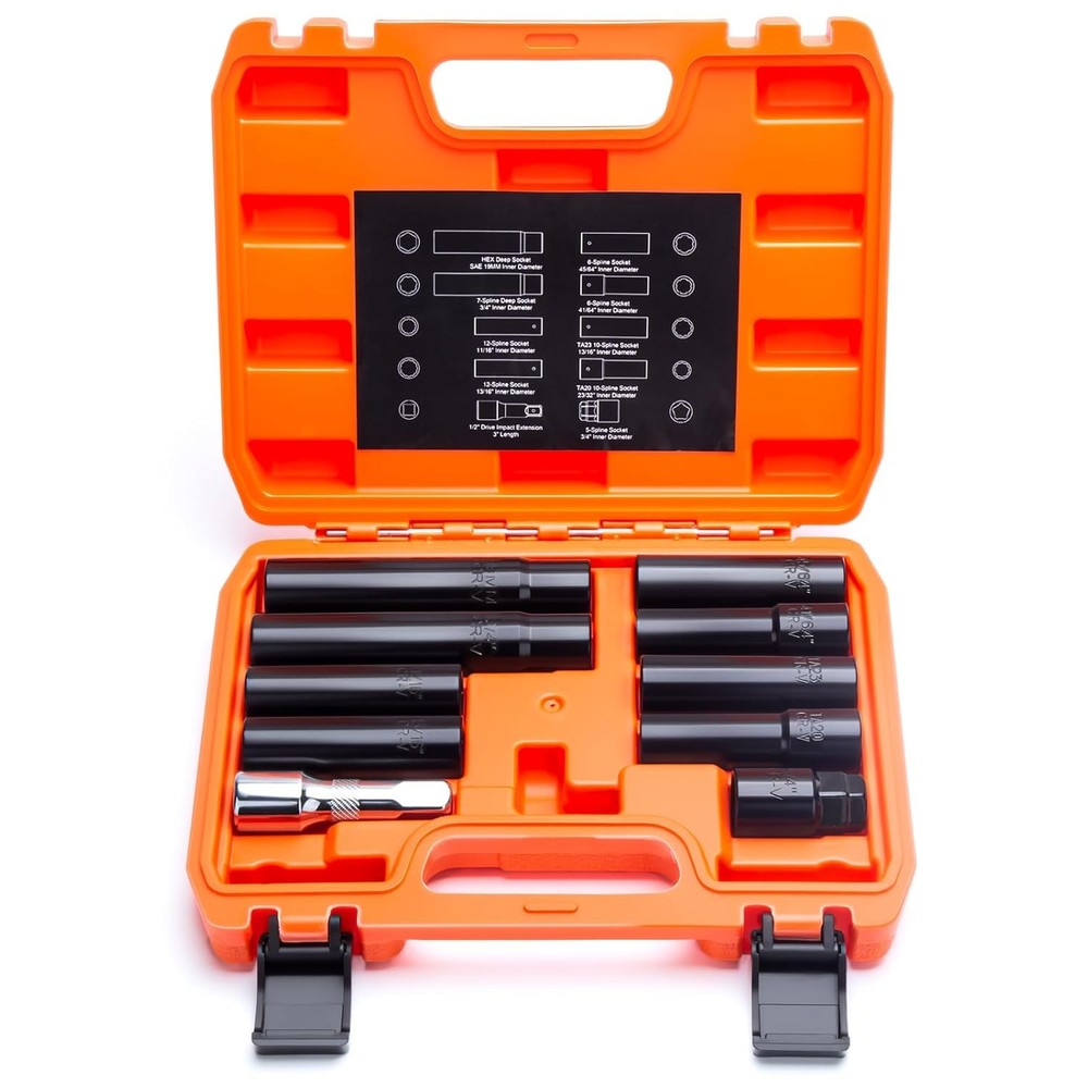 Spline Lug Nuts Socket Set (10Pcs) with 1/2" Drive Impact Square End for