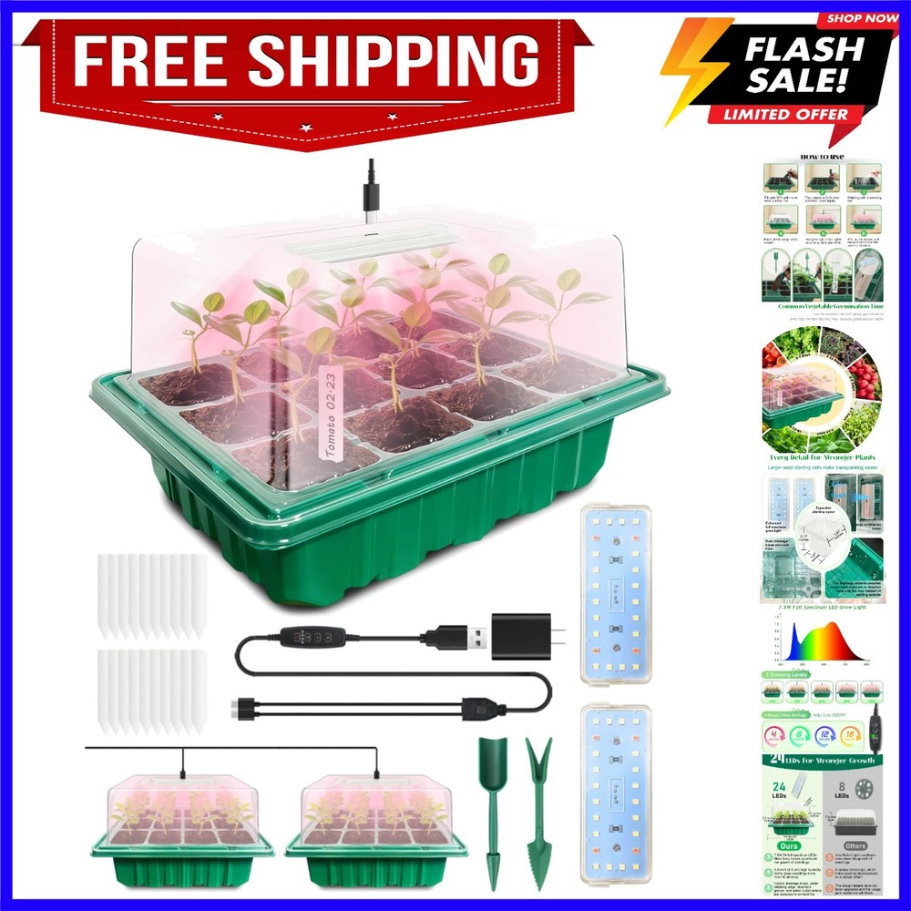 Seed Starter Tray with Grow Light 2x 24-LED, 2 Pack Seed Starter Kit with Hum...