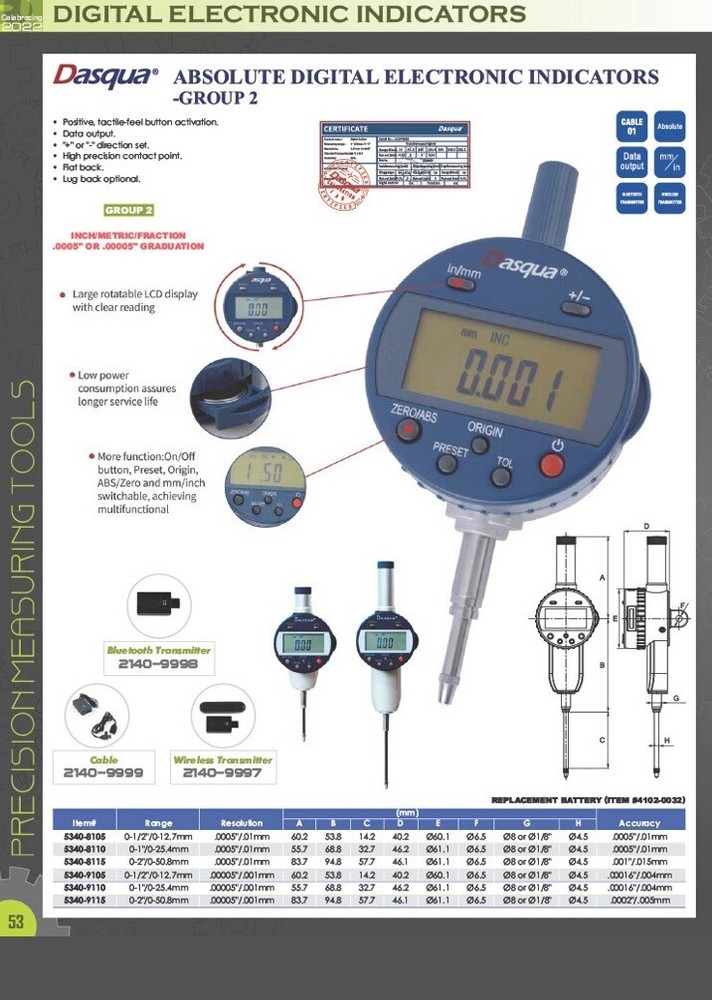 DASQUA PRO 0-50.8MM/0-2.0" ABSOLUTE DIGITAL INDICATOR (5340-9115)