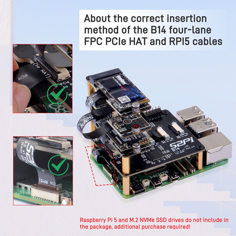 B14 Quad FPC PCIe HAT for Raspberry Pi 5 Daisy-Chaining Capability