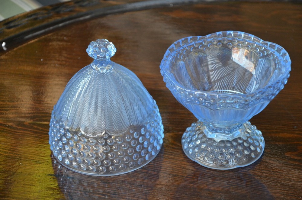 Gorham blue glass Easter egg covered dish, 10" tall
