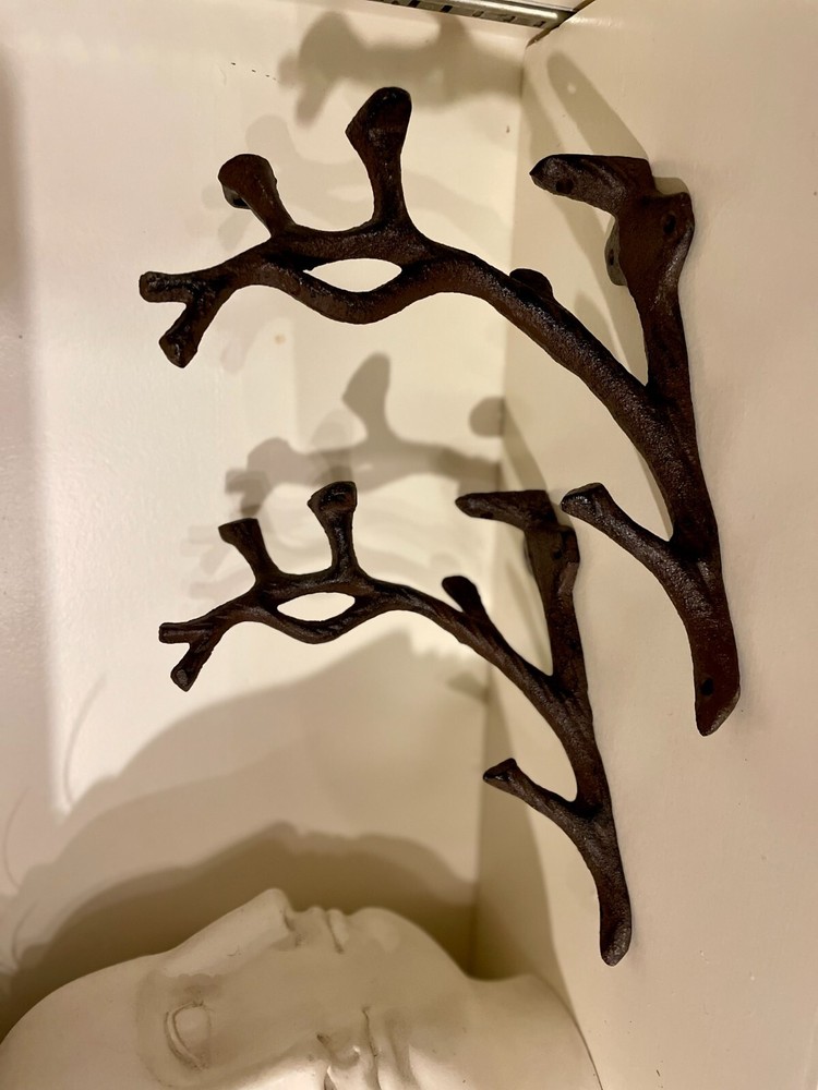 2 Rustic Cast Iron Shelf Bracket Wall Mount Hardware Brace Tree Branch Sculpture