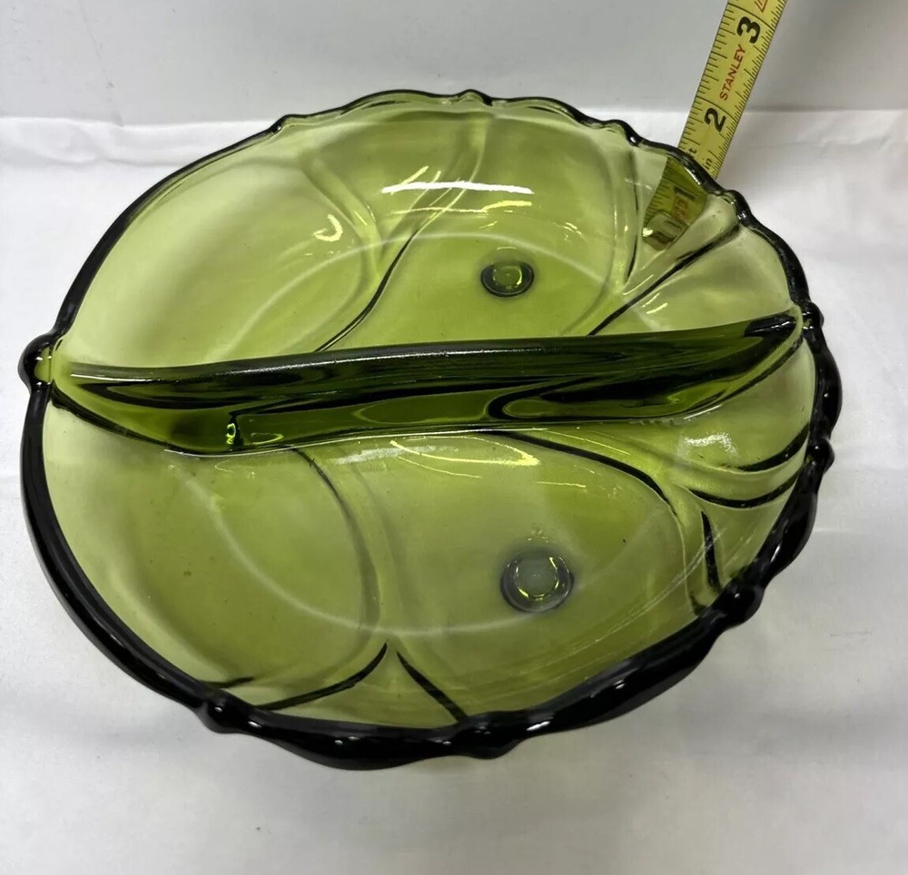 Vintage Green Glass Footed Serving Dish