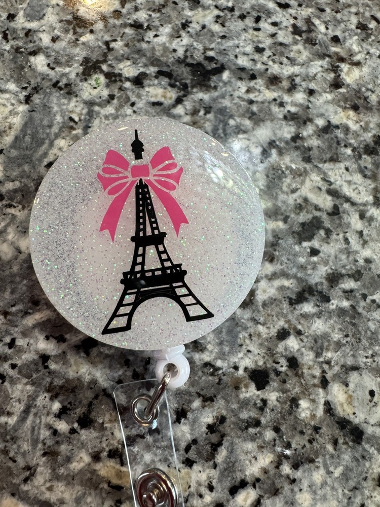 Retractable Badge Reel Paris Eiffel Tower With Pink Bow