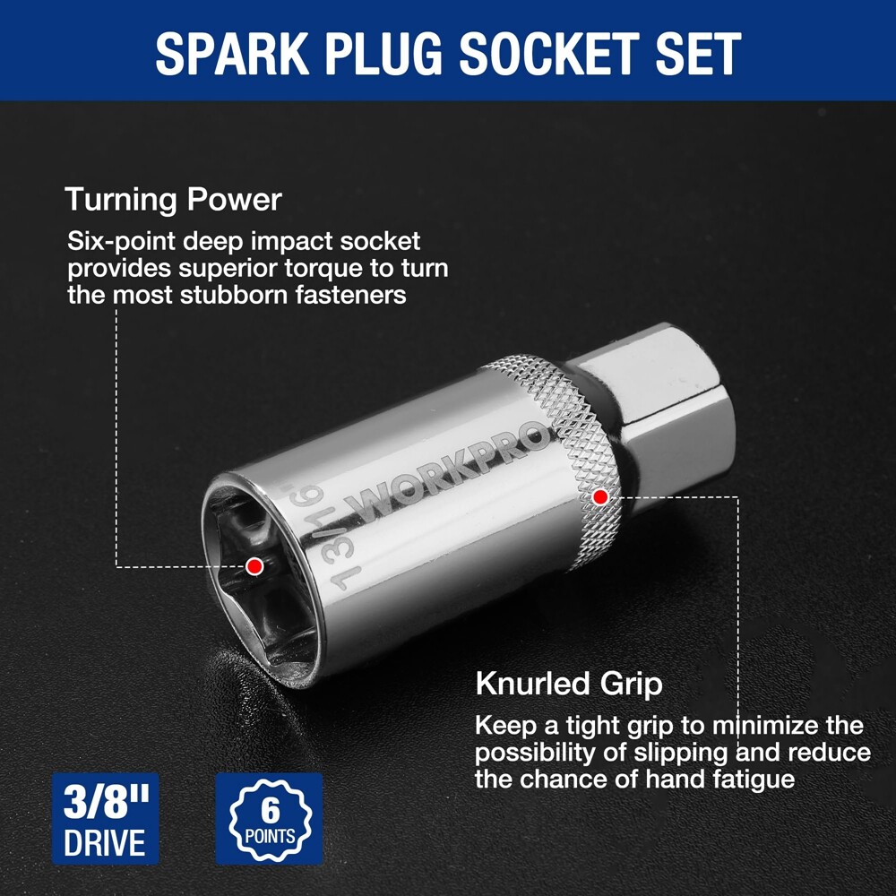 WORKPRO 7PCS 3/8" Magnetic Spark Plug Socket Sets Thin Wall 360° Swivel 6PT 12PT
