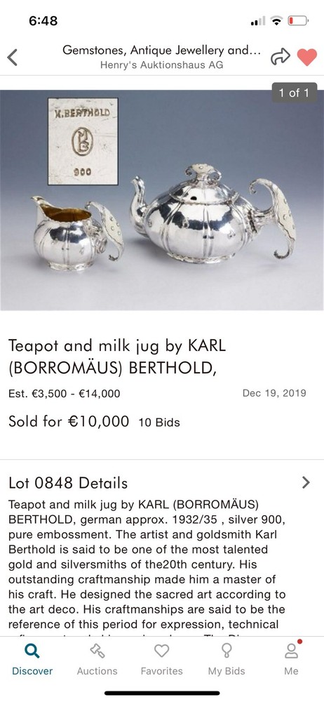 Silver German MasterWork KARL BERTHOLD SIGNED DECANTER Set