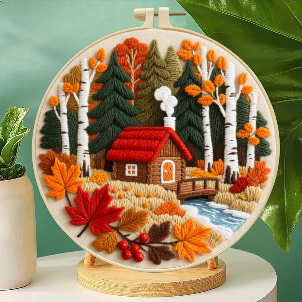 Autumn Forest Cabin Embroidery Kit for Beginners - Complete Set with Pre-Printed