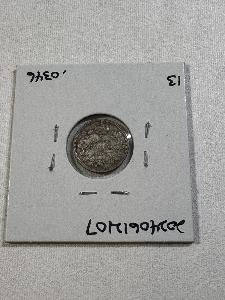 1907 Canada 5 Cents Small Silver Coin Cleaned