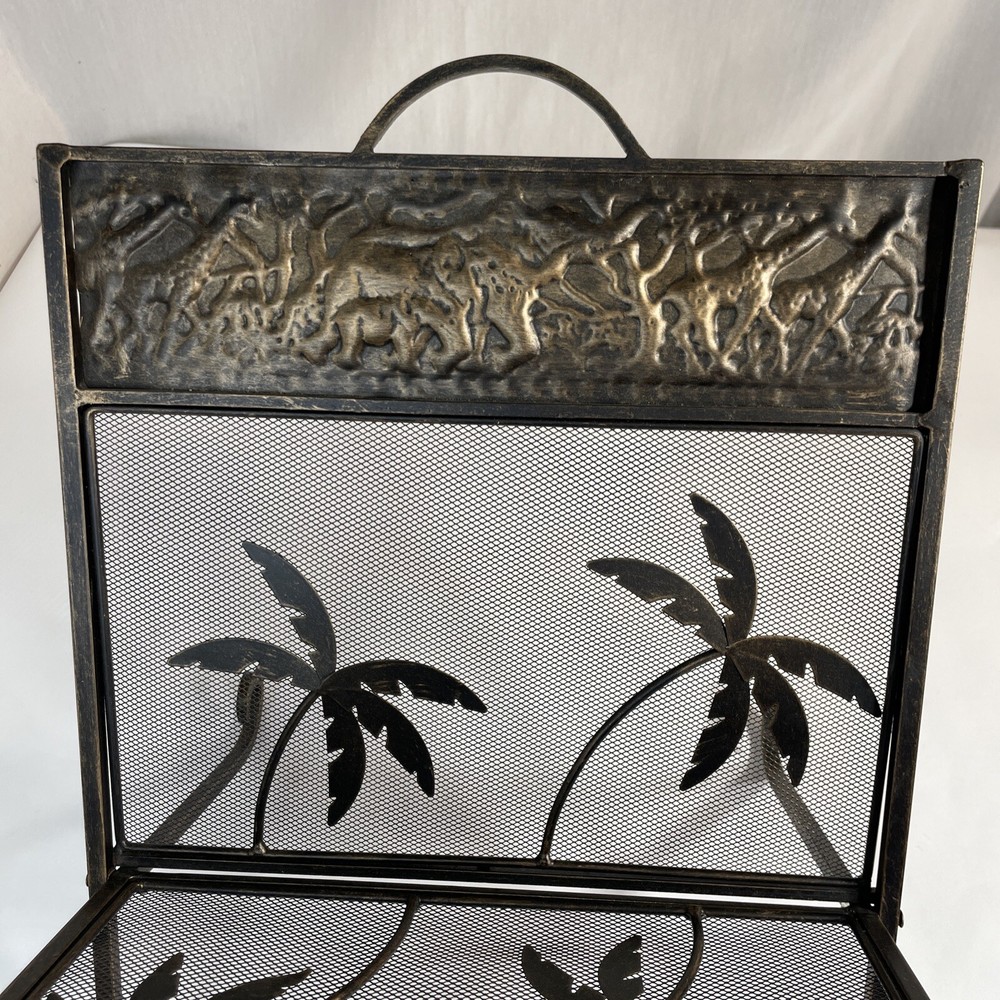 Vintage Mid Century Metal Folding Magazine Rack Elephant Palm Tree Pattern