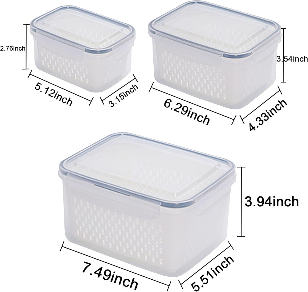 3Pack Fridge Food Storage Container Set with Lids with Strainer,Plastic Fresh Pr