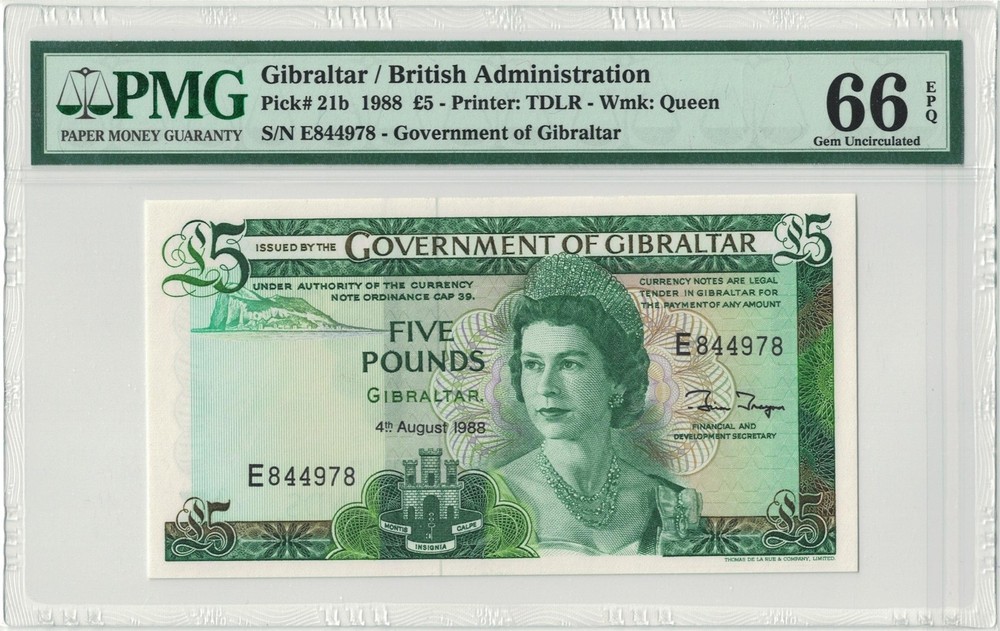Gibraltar, P21b, 1988, £5, PMG66 EPQ