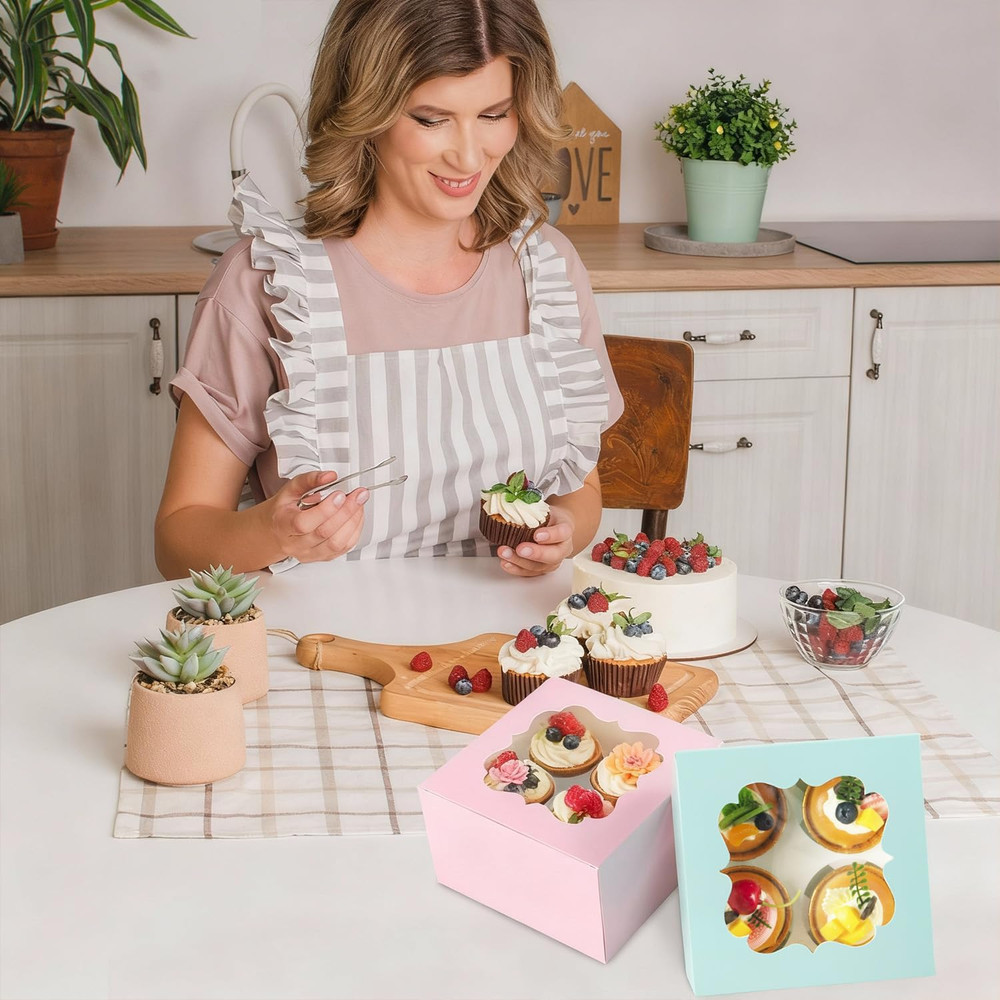 Cupcake Boxes with Window 6.5X6.5X3 Inch - 20 Pack Bakery Boxes with 4-Compartme