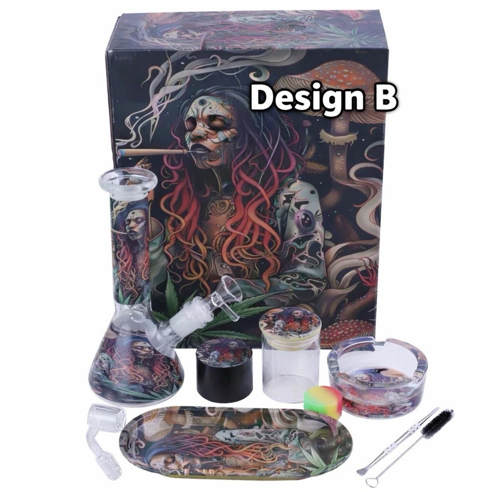 Glass Water Pipe Set w/ Tray Grinder Jar Ashtray Gift Bundle