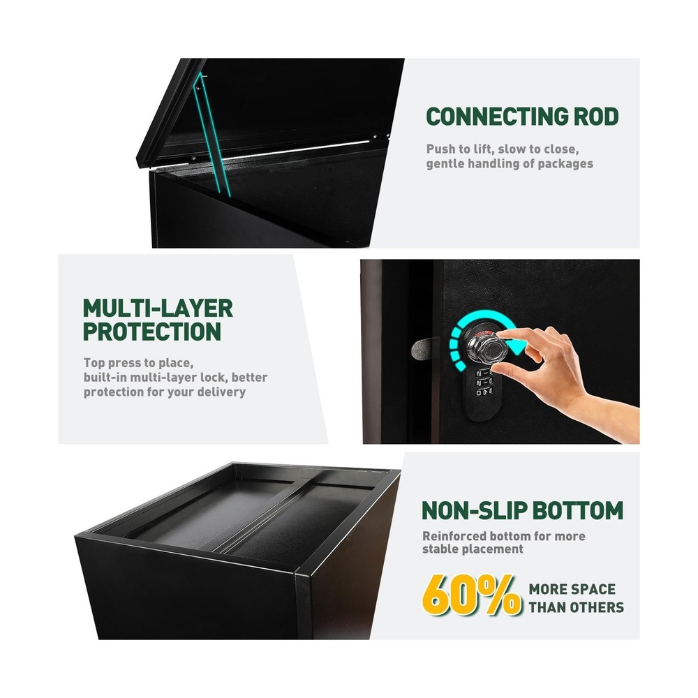 Package Delivery Boxes for Outside, Extra Large Black Parcel Drop Box with Co...
