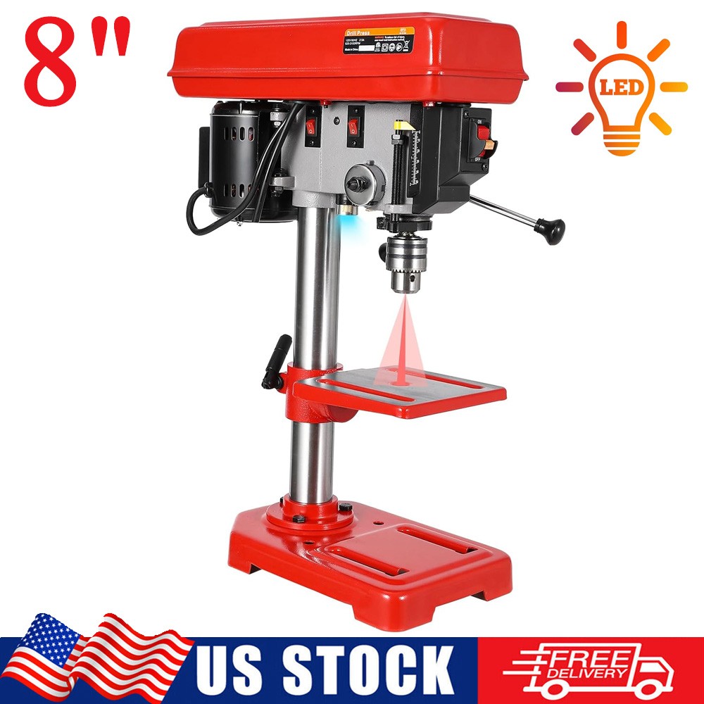 8" Benchtop Drill Press 5-Speed Cast Iron Drill Press 0-45°Tilting w/ LED Light