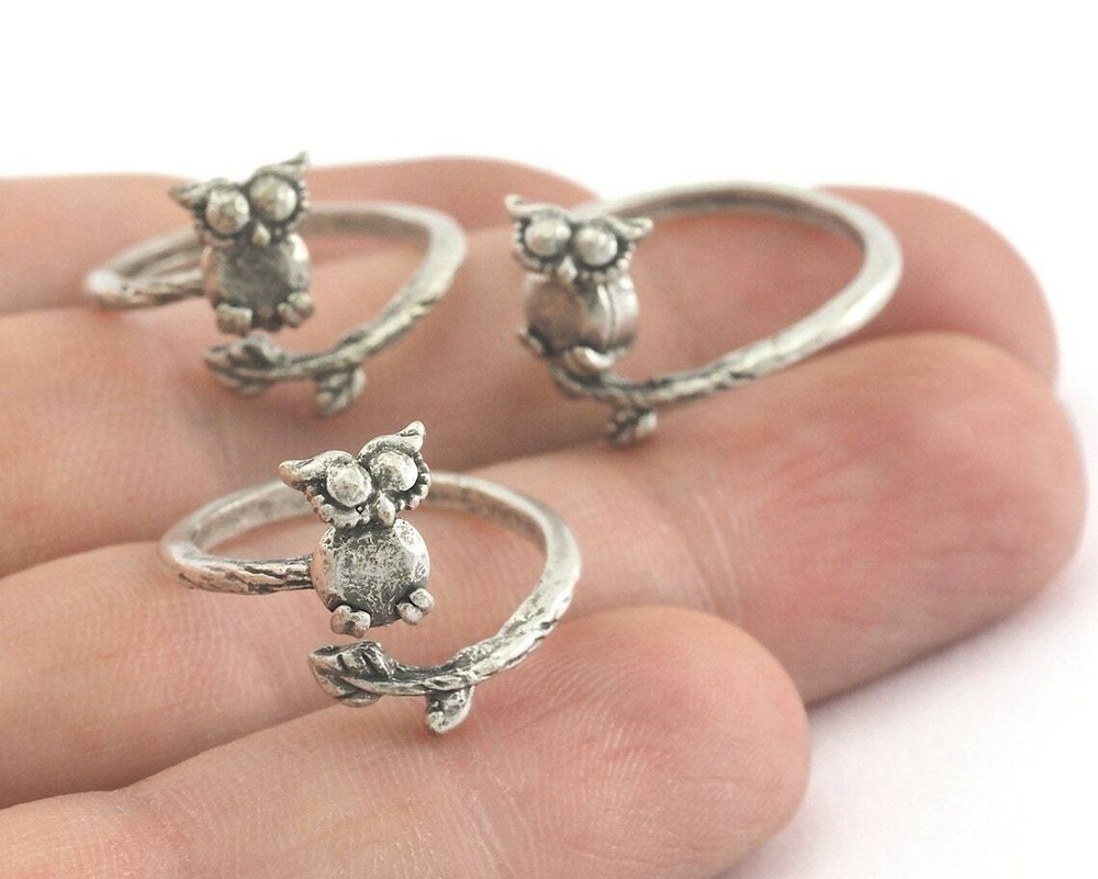 Minimalist Owl Ring Adjustable Brass Antique Silver Plated  6US size 3496