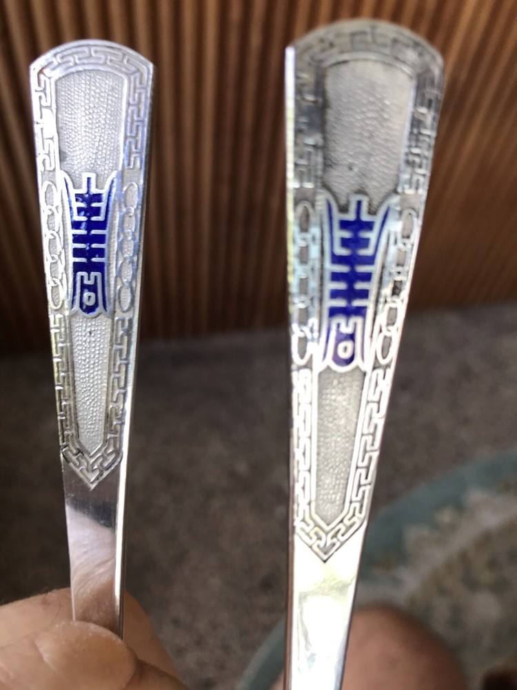 2 Vintage Solid Silver Korean Serving Spoons , Enameled Good Fortune, Hallmarked