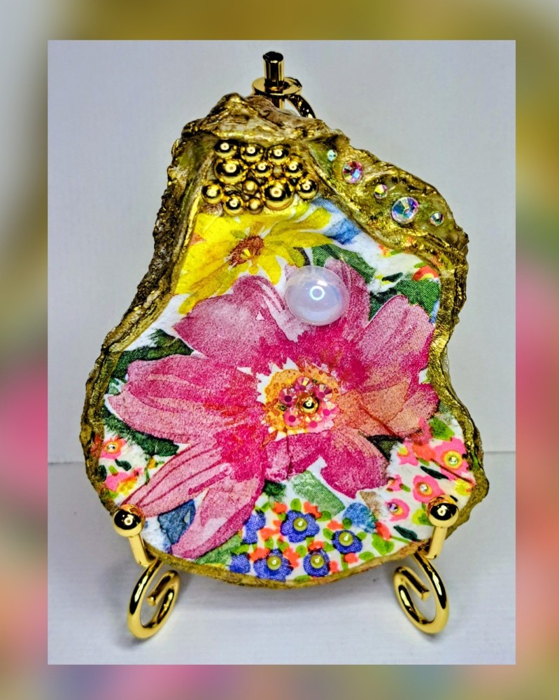 Handcrafted Decoupaged Floral Oyster Shell Ring/Trinket Dish