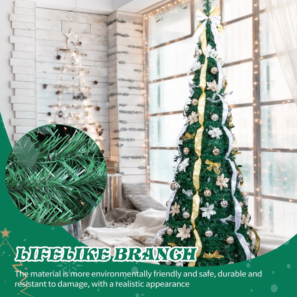 7FT Fully Decorated Pre-lit Christmas Tree, Pop Up Artificial Xmas Tree w/ Light