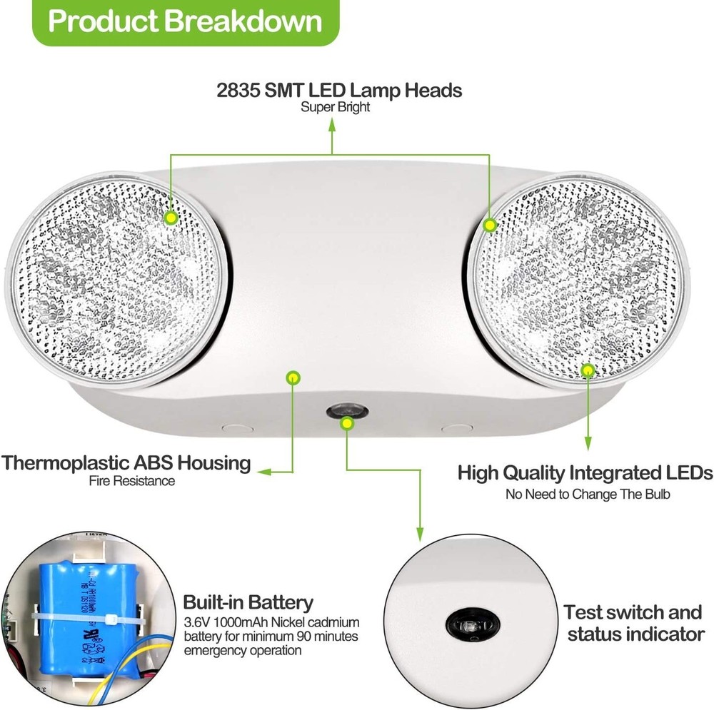 LED Emergency Exit Light Adjustable 2 Round Head With Battery Back-up UL 924