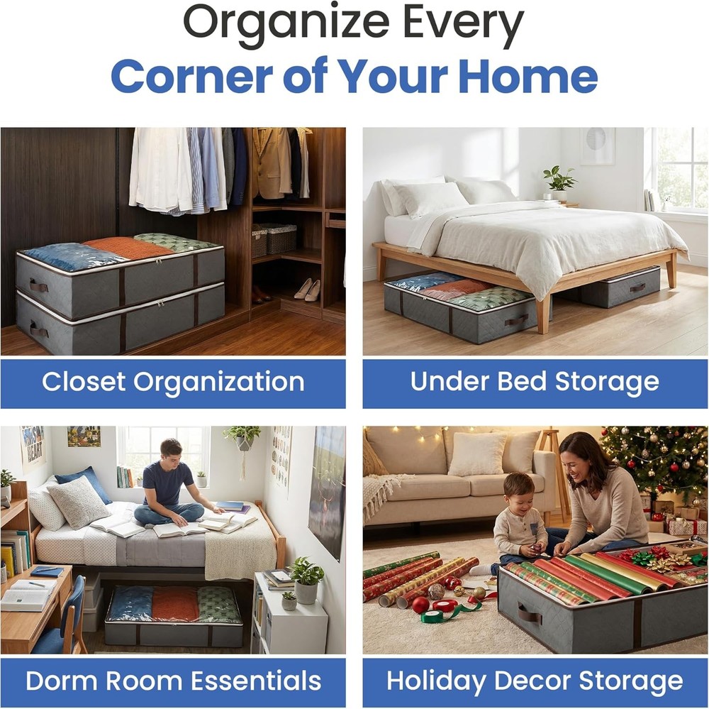 Underbed Storage Bags 4-Pack - Foldable Under Bed Storage Organizer for Clothes,