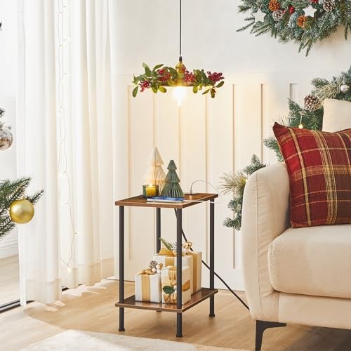 Side Table with Charging Station, End Table with USB 1 Rustic Brown + Black