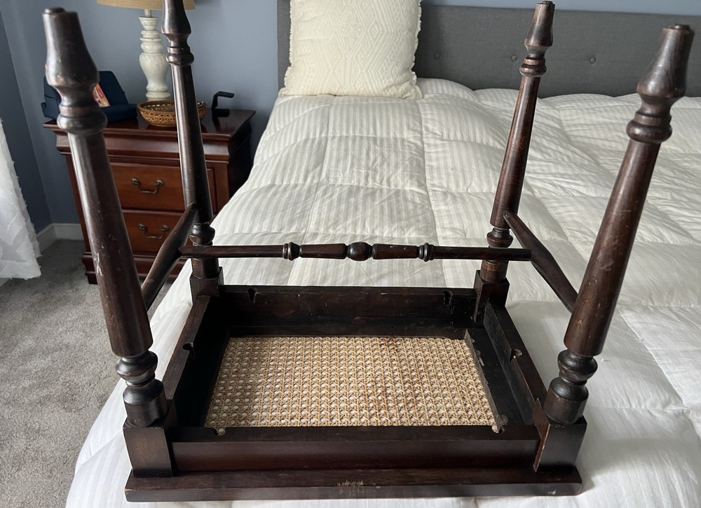 Solid Walnut Vanity Bench Piano Stool Cane Bottom Turned Legs Antique Or Vintage