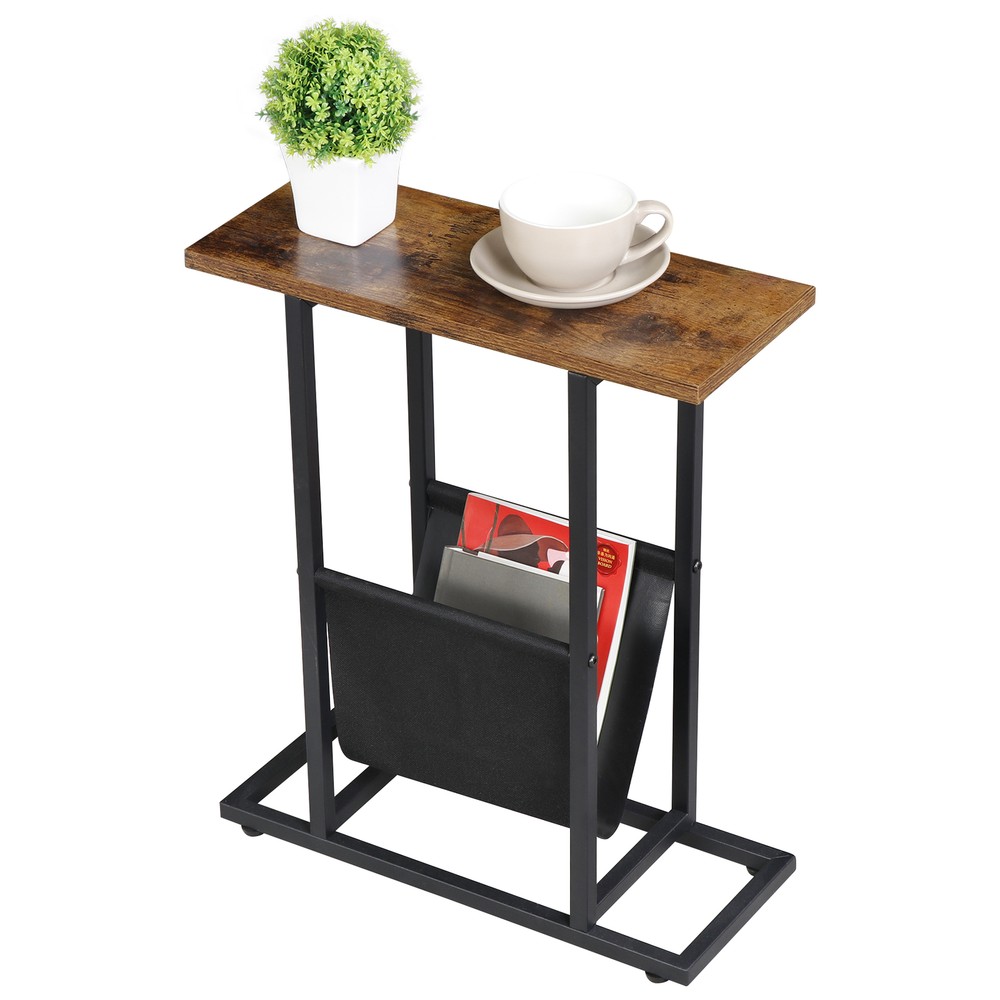 Small Narrow Side Table End Table Magazine Table w/ Storage Holder Rustic Brown