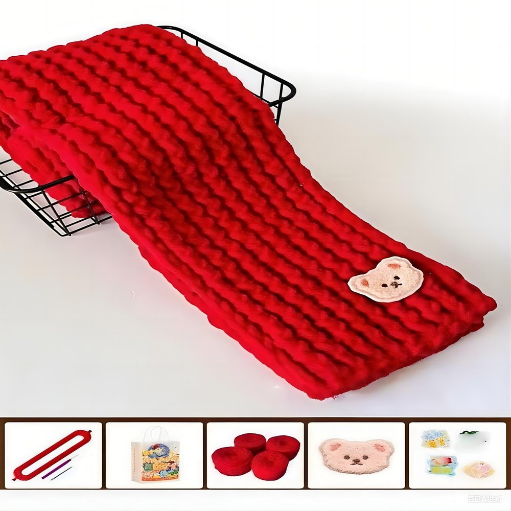 Warm Thick Scarf Knitting Kit - 4pcs Yarn + Knitting Tools + Bear Pattern