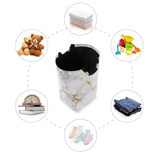 White Gold Marble Texture Laundry Basket Collapsible Laundry Hamper with