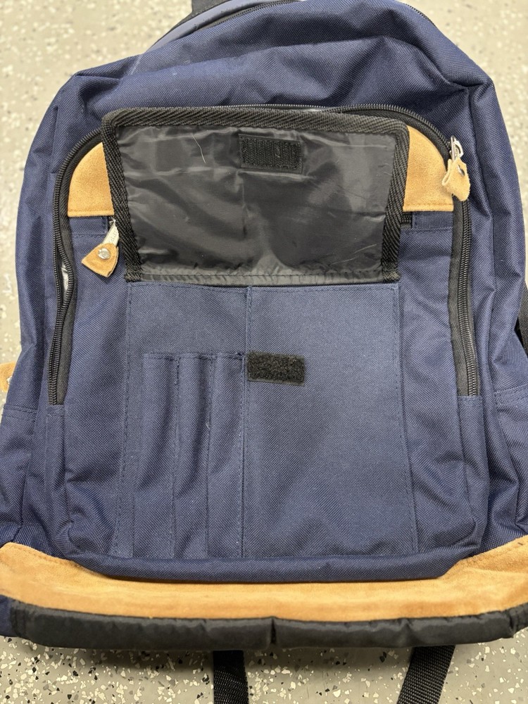Eastsport Fabric & Suede Navy Blue & Tan Daypack Backpack, Multiple Compartments