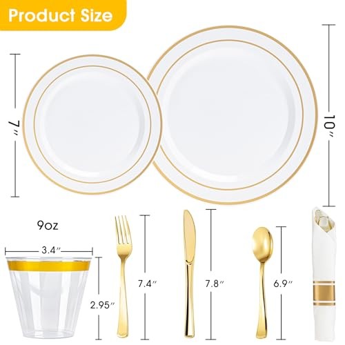 350PCS Plastic Dinnerware Set for 50 Guests, Include: 50 Dinner Plates, Gold