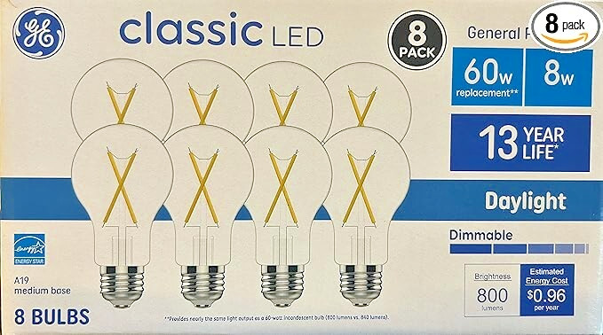 GE Classic A19 Daylight 60-Watt Clear Equivalent Dimmable LED Light Bulbs 8-pack