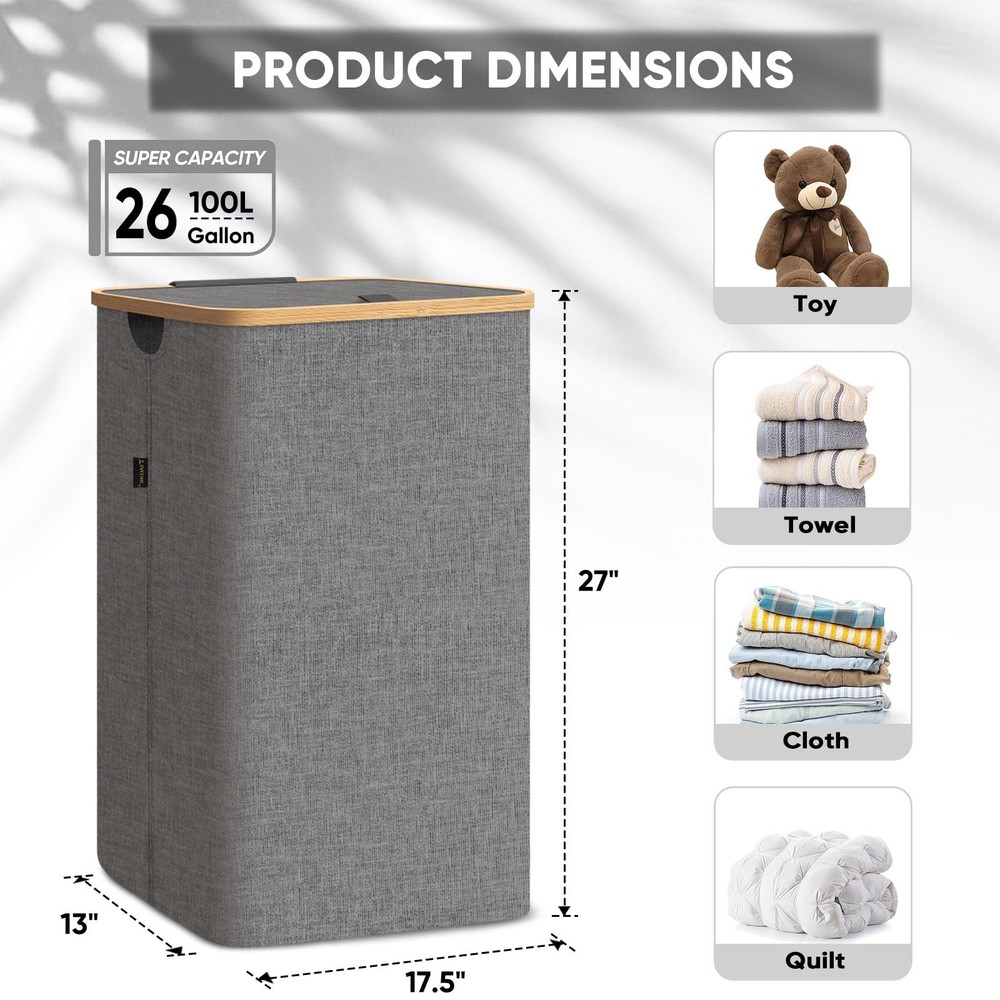 Laundry Hamper with Lid Tall Laundry Baskets with Bamboo Pull Handles Large L...