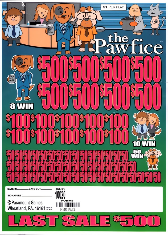 Pull Tab Tickets - Jar - Game - The Pawfice - 10,020 ct