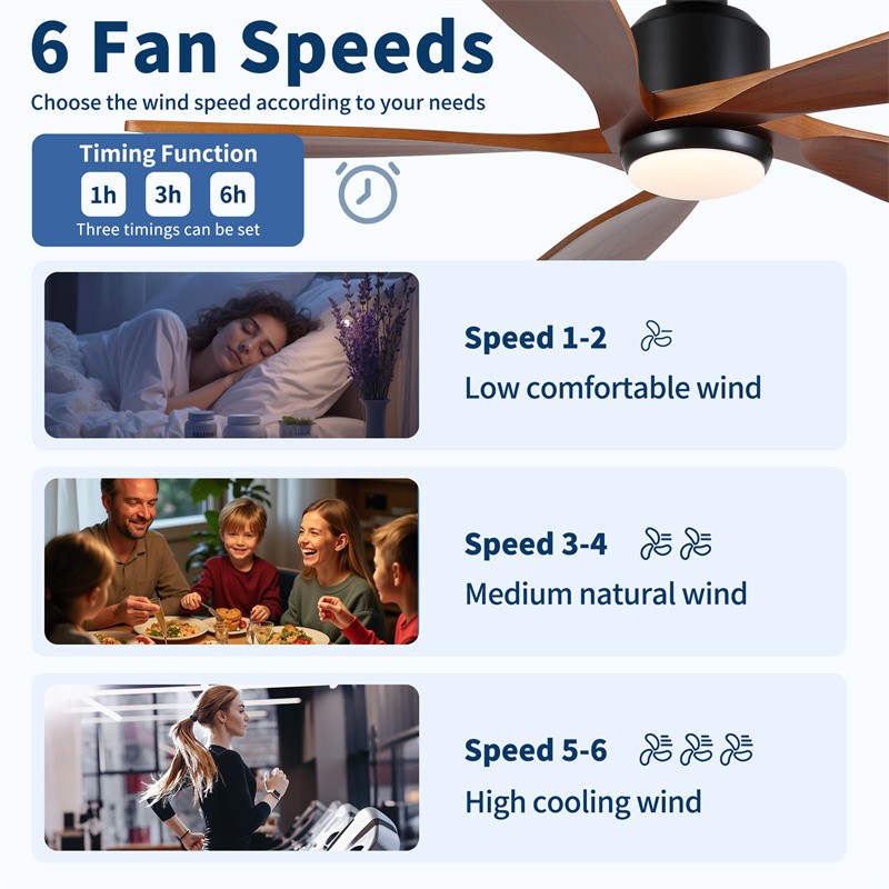 52" Farmhouse Solid Wood Ceiling Fan Reversible Motor w/Light Wall Switch Remote