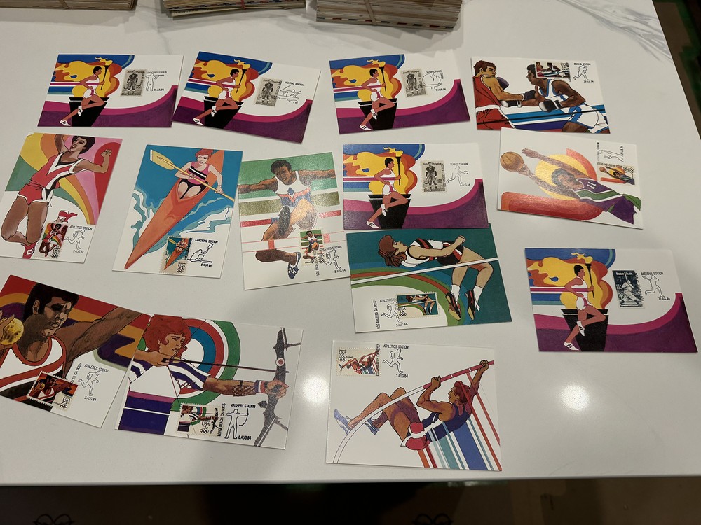100 FDC 1984 olympics POSTCARD ROBERT PEAK ARTWORK SOME FIRST DAY COVERS 2 SIDE