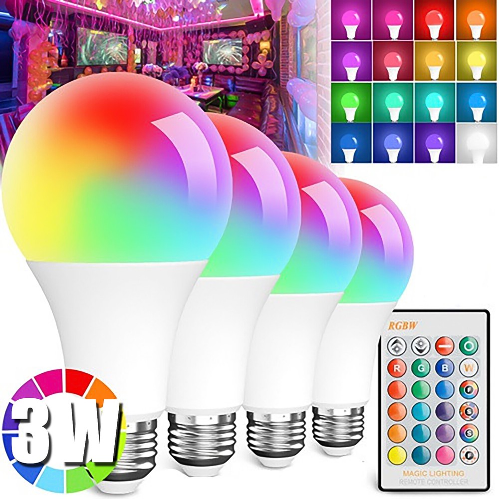 4 Pack E26 LED Light Bulbs RGB Color Changing 3W A19 Cool White Bulb with Remote