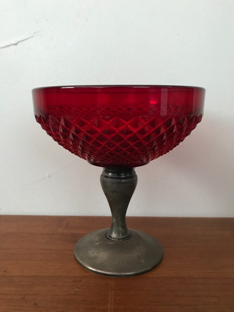 Vintage Alvin Sterling Silver Diamond Point Ruby Pedestal Compote Serving Dish