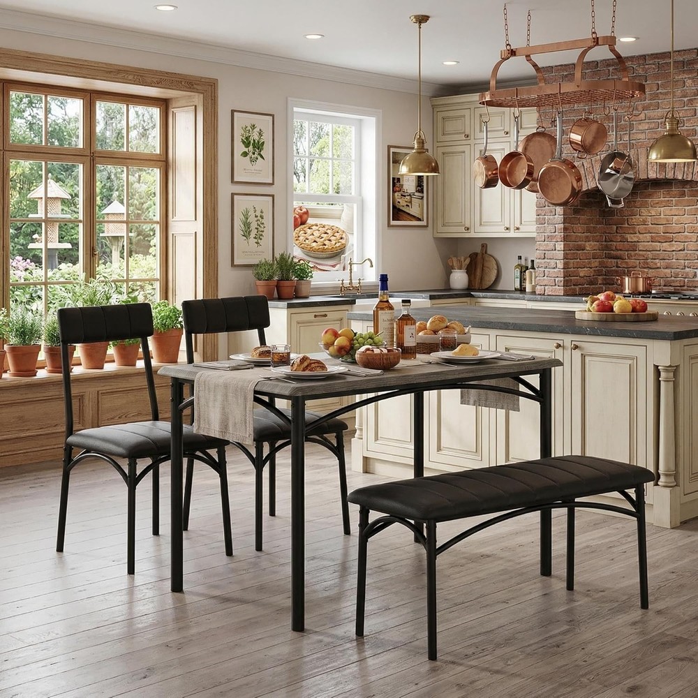 Dining Table Set 4 Kitchen Table W/ Upholstered Chairs & Bench Wood Rectangular