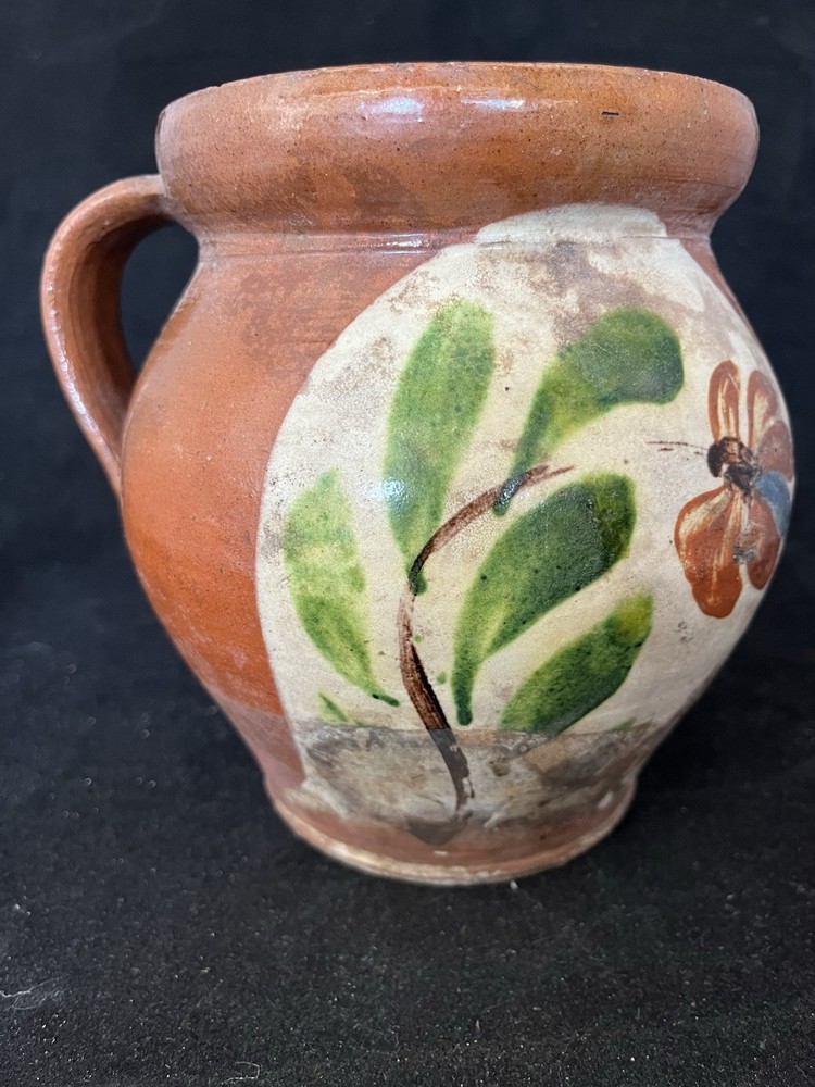 Fantastic Circa 1800’s Redware Milk Pitcher Applied Handle Painted Florals.