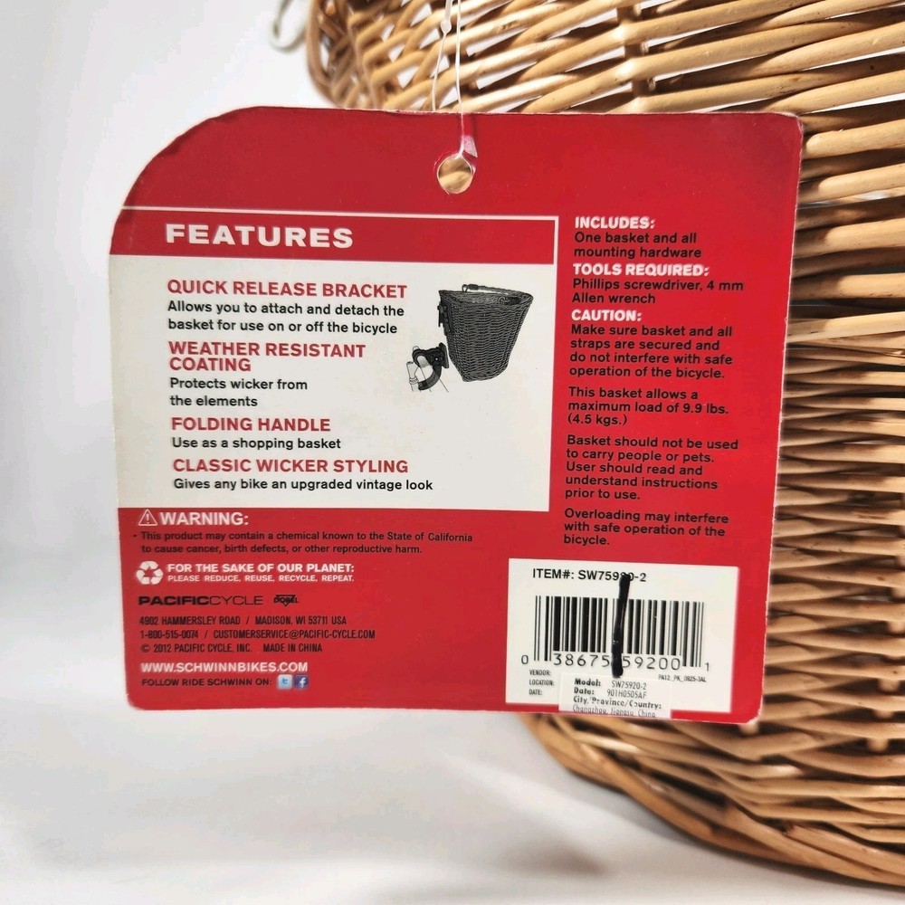 Schwinn Wicker Bicycle Basket Handlebar Mount- Missing Mounting Bracket