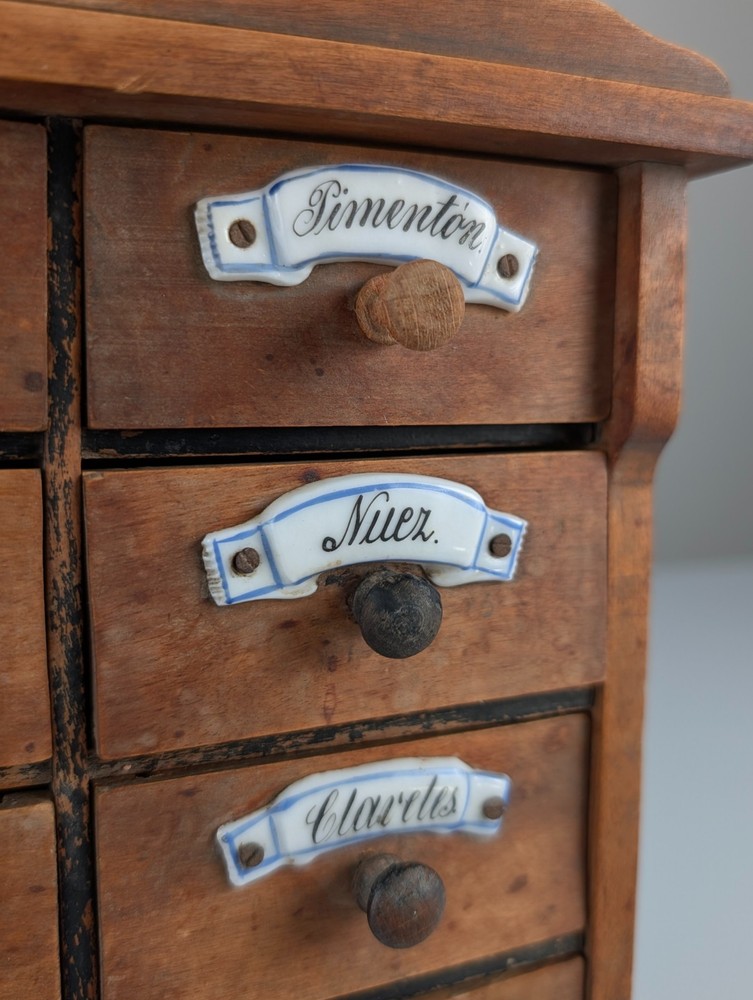 Spanish Rustic Wooden Spice Tree with Ceramic Labels, 1930s