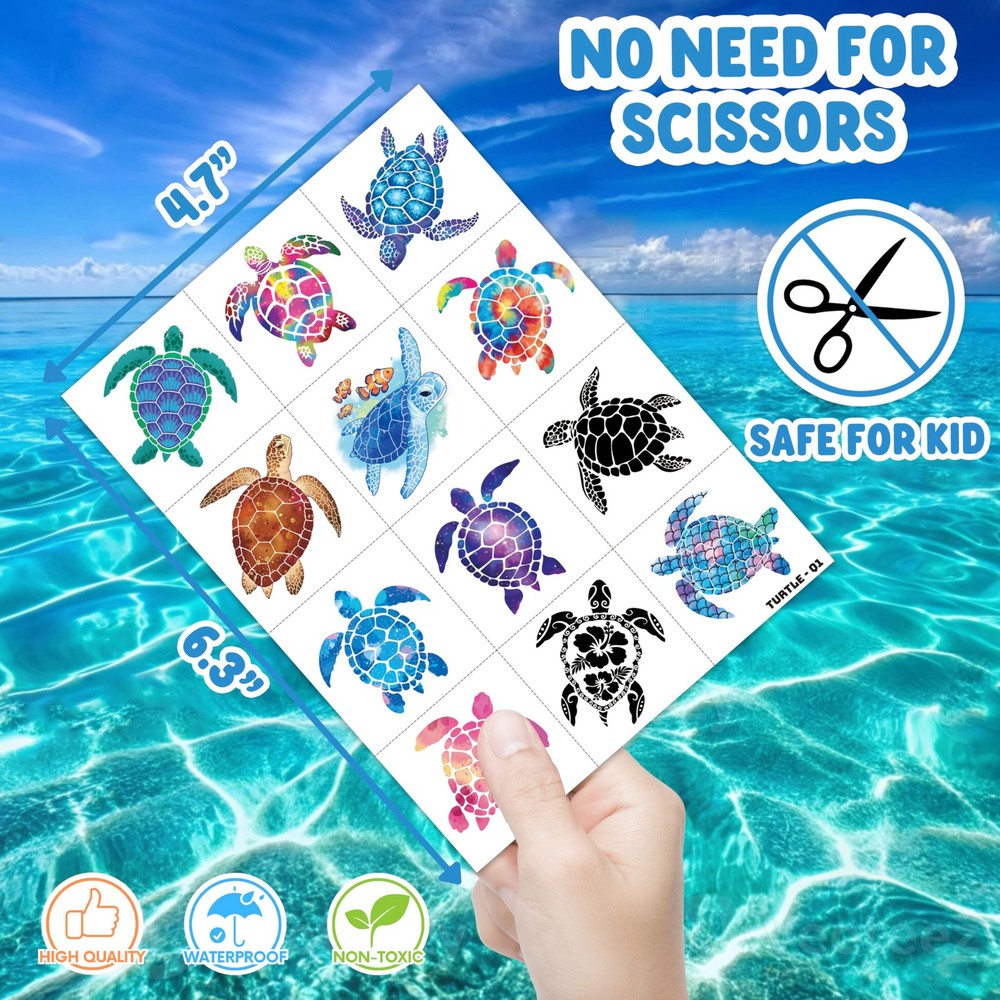 96 PCS Turtle Pre-Cut Temporary Tattoos for Kids | Super Medium, multiple