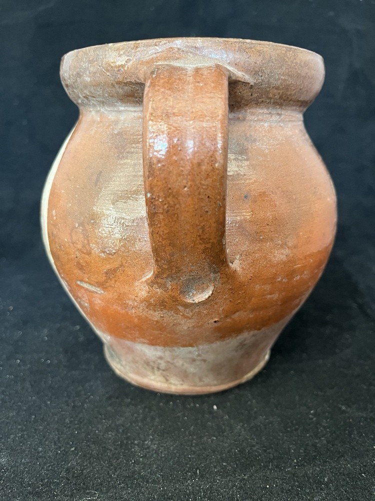 Fantastic Circa 1800’s Redware Milk Pitcher Applied Handle Painted Florals.