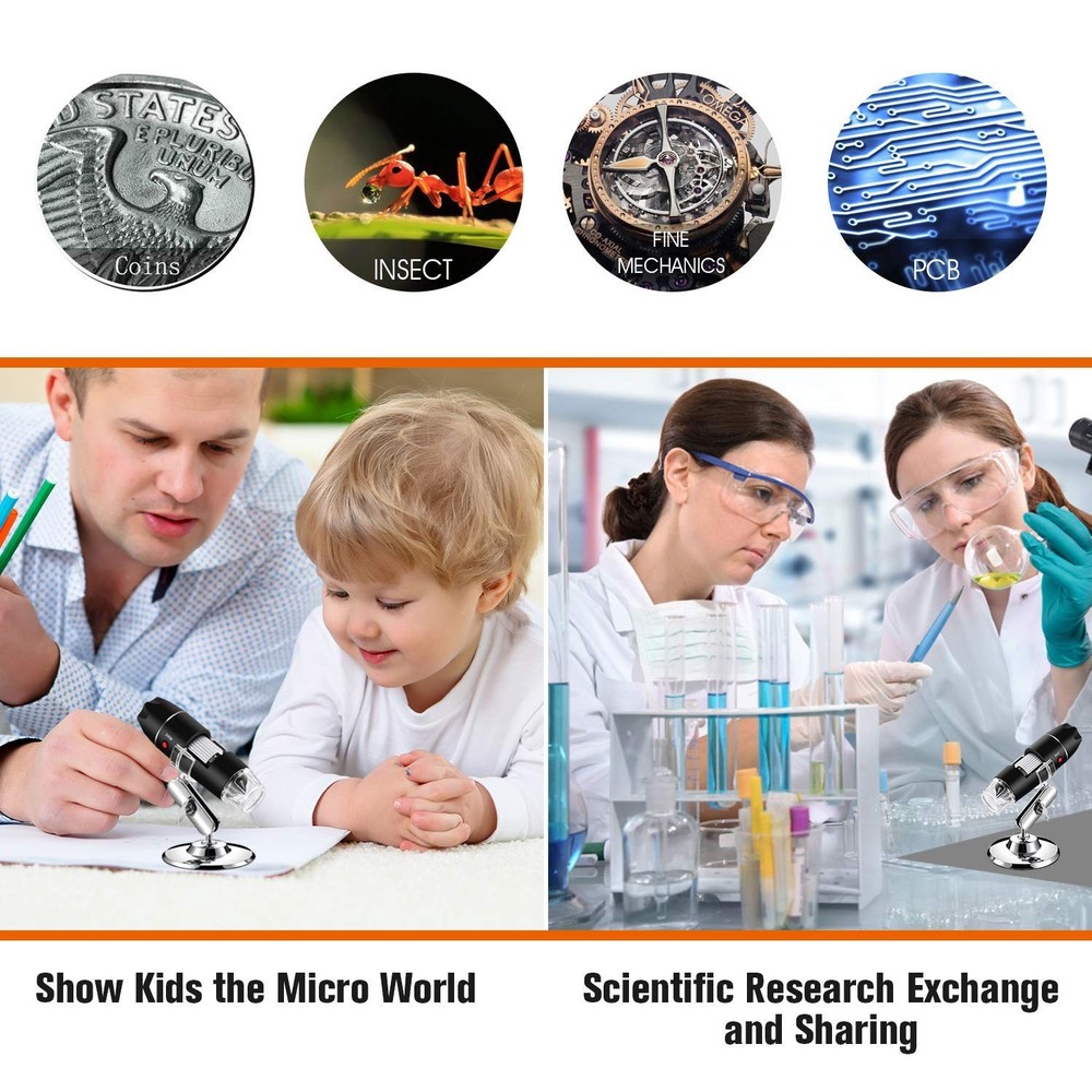 Digital Microscope 40X-1000X, 8 LED, Android Windows Linux Mac Compatible