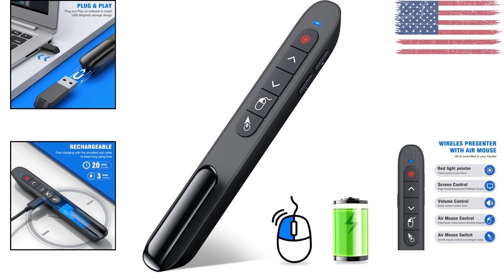 Wireless Presenter Remote with Air Mouse Control - Extended Control Distance