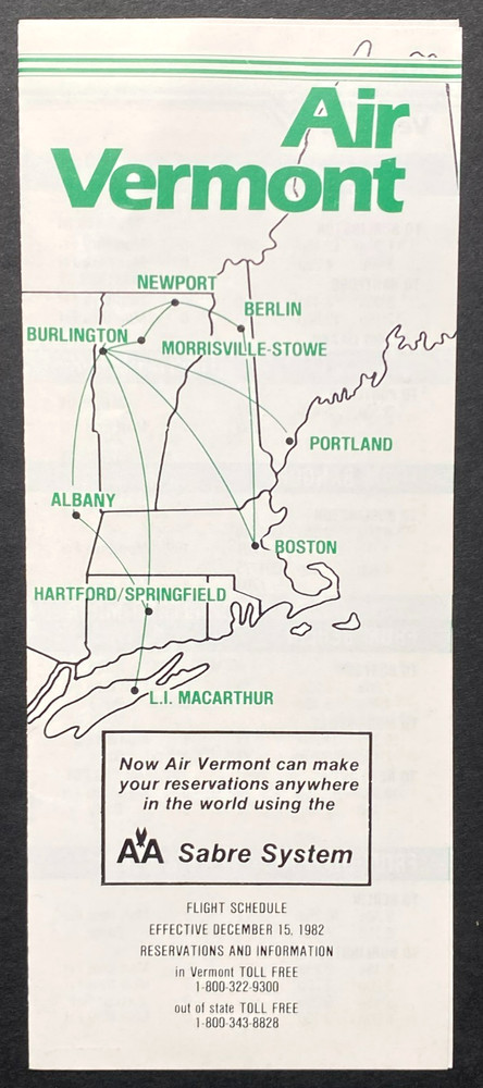 Air Vermont Timetable Effective December 15, 1982