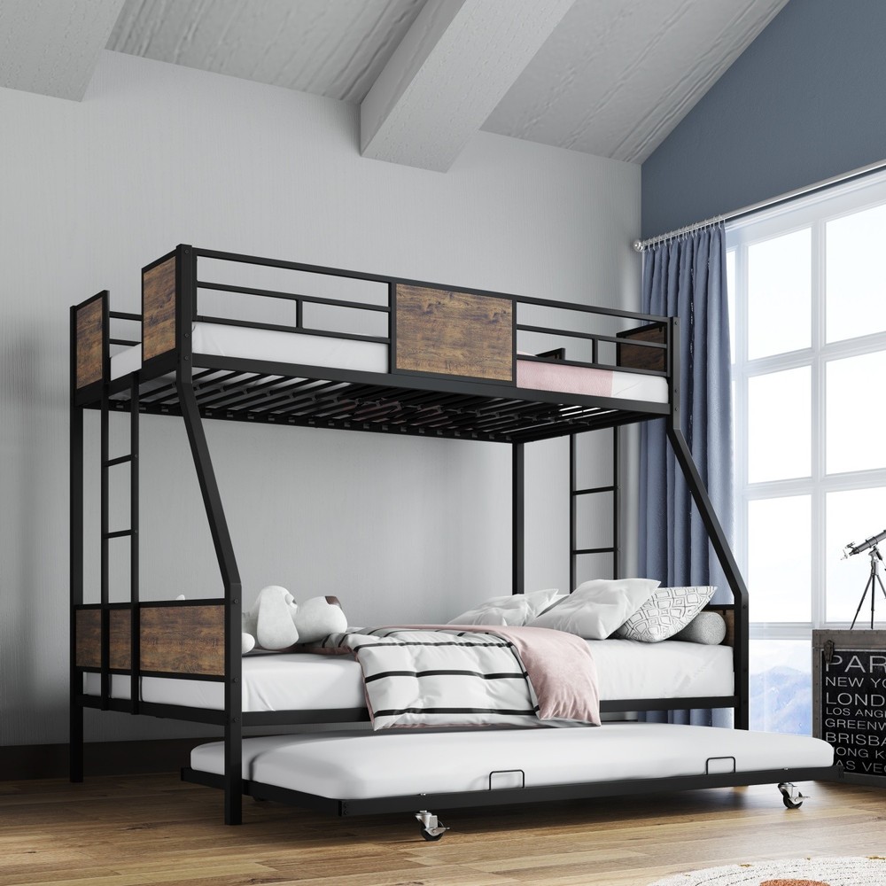 Space Saving Twin over Full Bunk Bed w/ Trundle & 2 Ladders & Sturdy Metal Frame