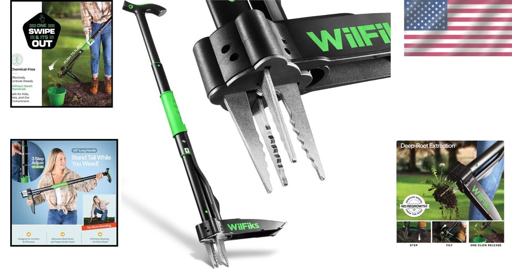Adjustable Weed Puller Tool 36-45" with Quick-Release Ejector & 4-Claw Head